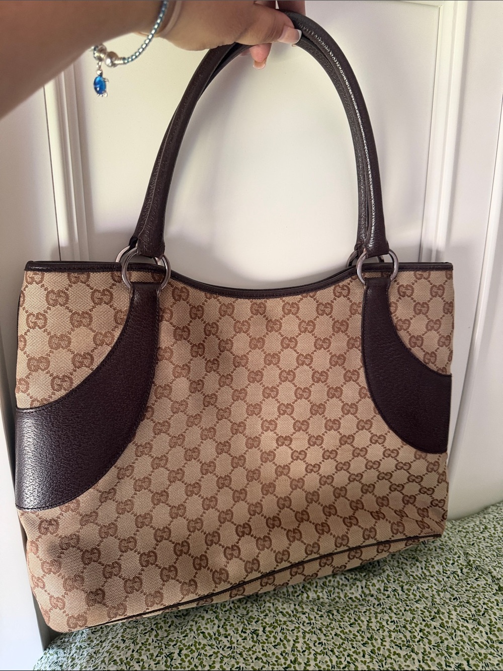 Gucci Beige Monogram Canvas Tote with Dark Brown Leather Trim